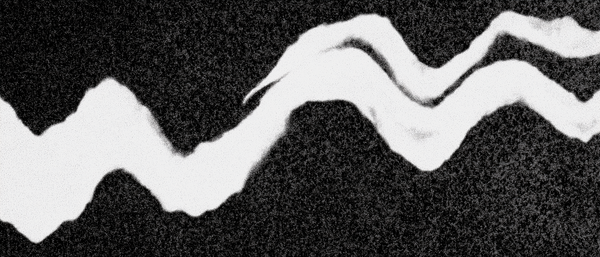 Grainy black and white photograph of a waving line of light